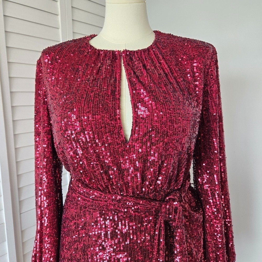 Sachin & Babi Burgundy Sequin Midi Dress L Designer Runway Glam Luxe Holiday NYE - Picture 3 of 14